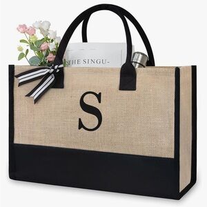 Monogrammed Jute Tote Bag – Black & Natural